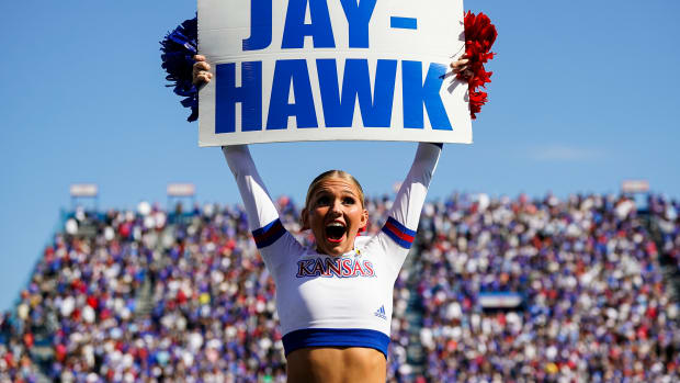 Oct 8, 2022; Lawrence, Kansas, USA; A Kansas Jayhawks performs during the second half against the TCU Horned Frogs at David Booth Kansas Memorial Stadium. Mandatory Credit: Jay Biggerstaff-USA TODAY Sports